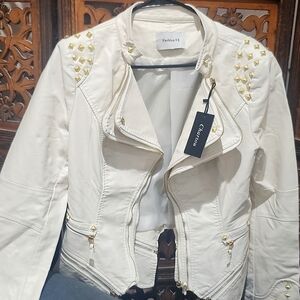 NWT White Vegan Leather Jacket with Gold Stud Accents